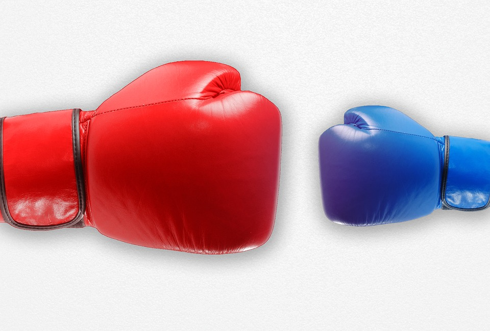 Two boxing gloves juxtaposed; one red and one blue|